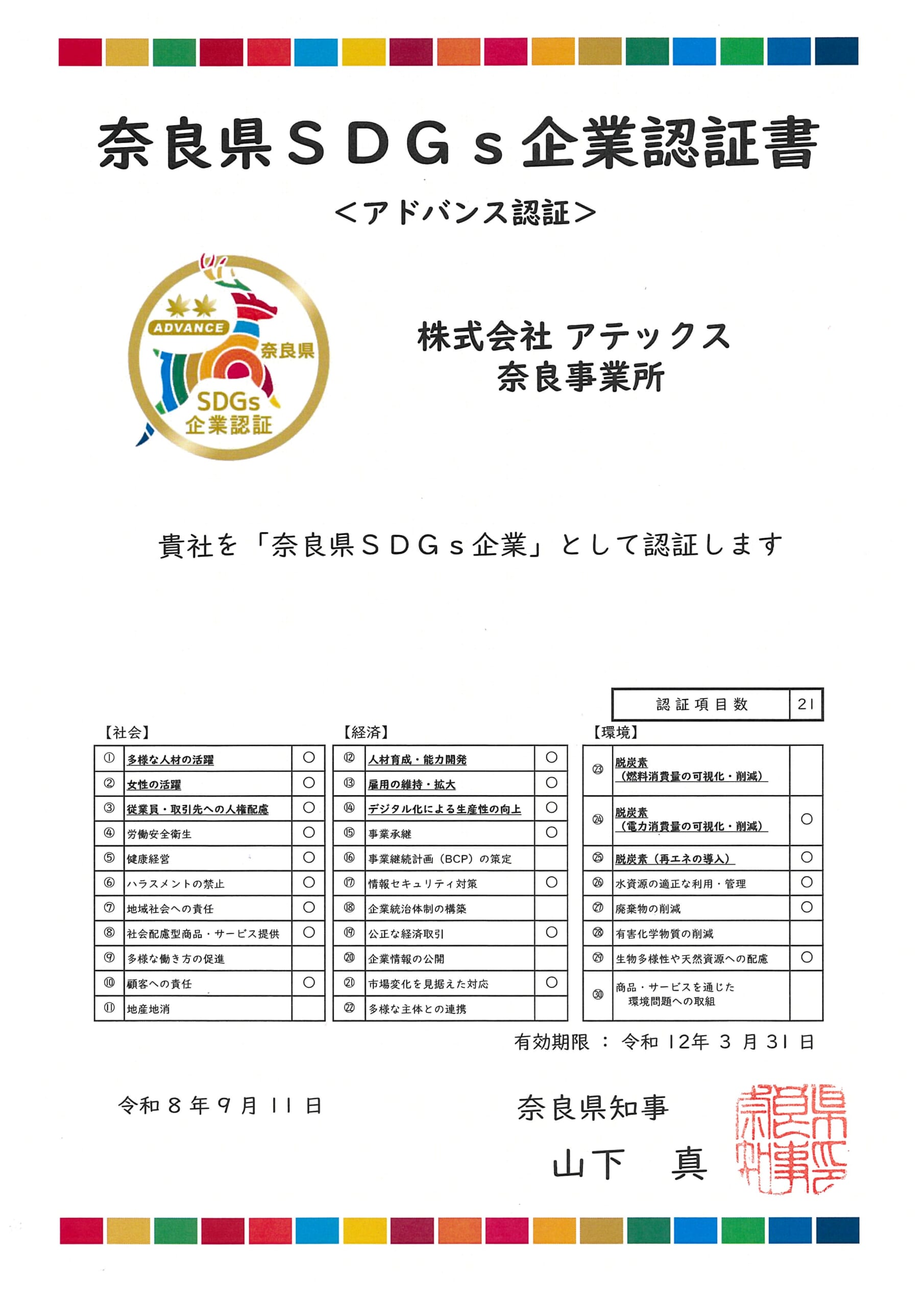 获得奈良县SDGs企业认证制度高级认证